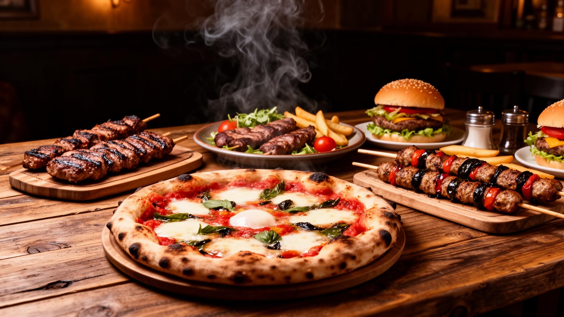 Nygräddad pizza, grillrätter och hamburgare